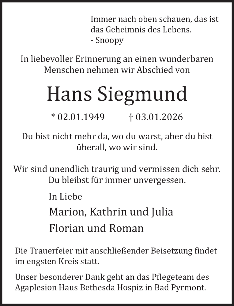  Traueranzeige für Hans Siegmund vom 10.01.2026 aus Deister- und Weserzeitung