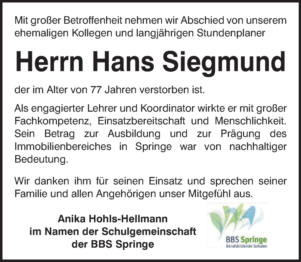  Traueranzeige für Hans Siegmund vom 24.01.2026 aus Neue Deister-Zeitung