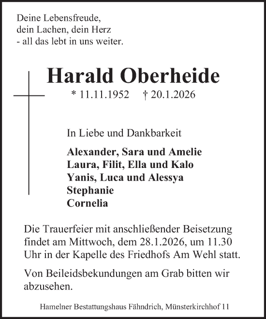 Traueranzeige von Harald Oberheide von Deister- und Weserzeitung