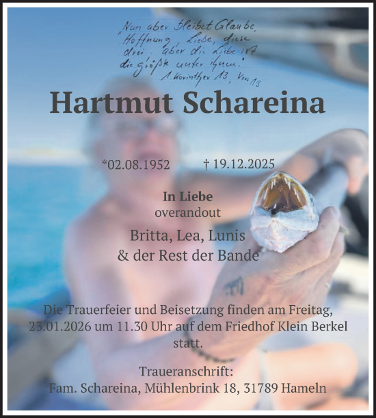Traueranzeige von Hartmut Schareina von Deister- und Weserzeitung