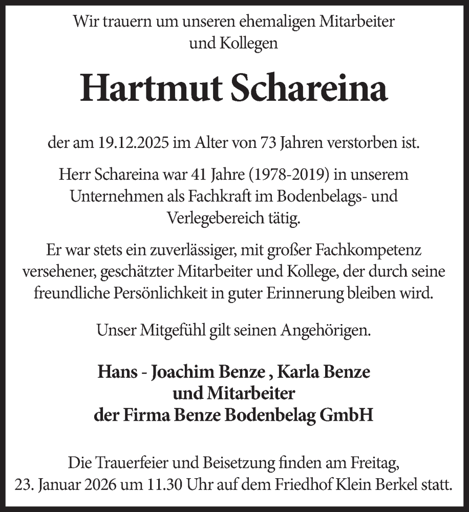  Traueranzeige für Hartmut Schareina vom 17.01.2026 aus Deister- und Weserzeitung