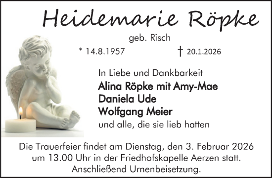 Traueranzeige von Heidemarie Röpke von Deister- und Weserzeitung