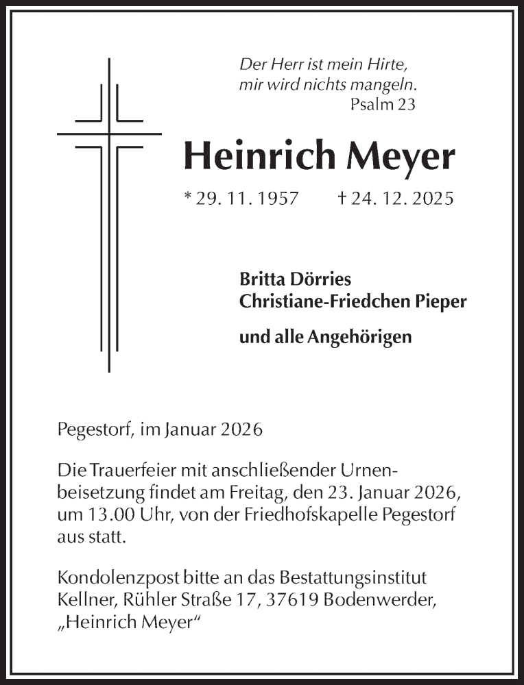  Traueranzeige für Heinrich Meyer vom 17.01.2026 aus Deister- und Weserzeitung