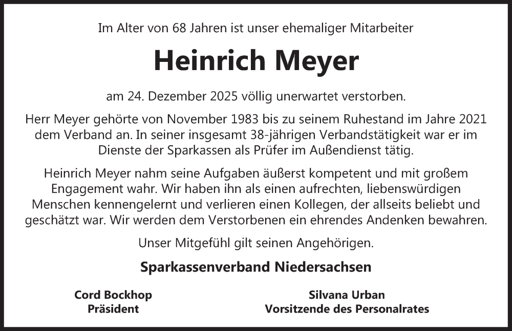  Traueranzeige für Heinrich Meyer vom 17.01.2026 aus Deister- und Weserzeitung