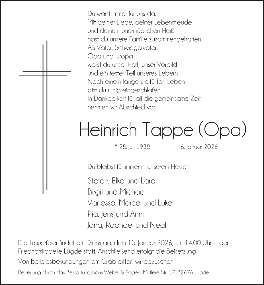  Traueranzeige für Heinrich Tappe vom 10.01.2026 aus Deister- und Weserzeitung