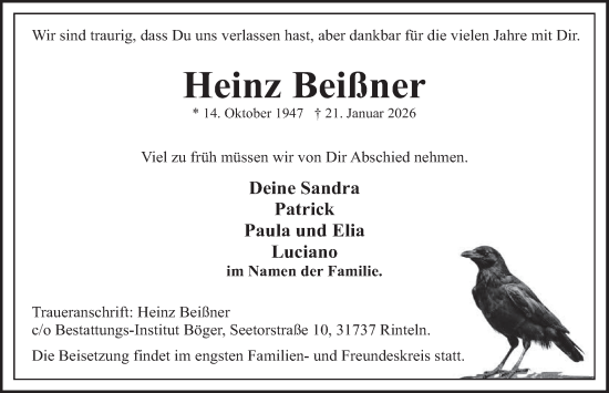 Traueranzeige von Heinz Beißner von Deister- und Weserzeitung