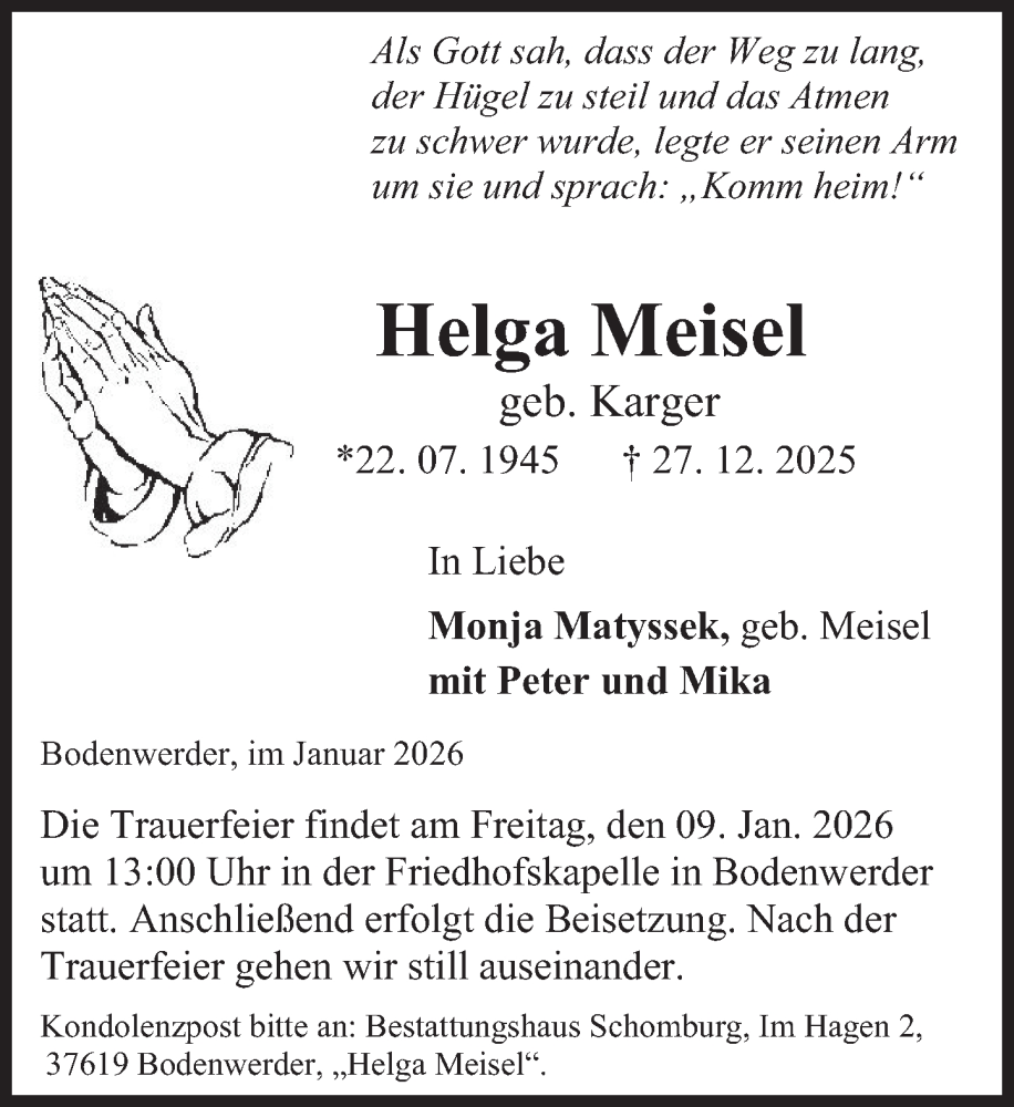  Traueranzeige für Helga Meisel vom 05.01.2026 aus Deister- und Weserzeitung