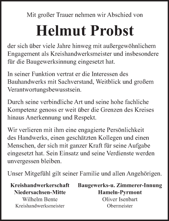Traueranzeige von Helmut Probst von Deister- und Weserzeitung