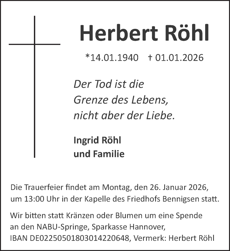  Traueranzeige für Herbert Röhl vom 23.01.2026 aus Neue Deister-Zeitung