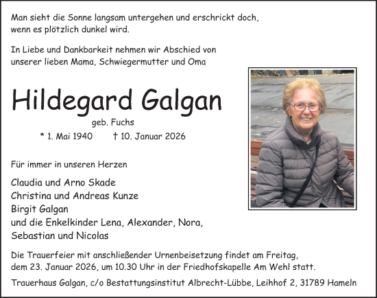 Traueranzeige von Hildegard Galgan von Deister- und Weserzeitung