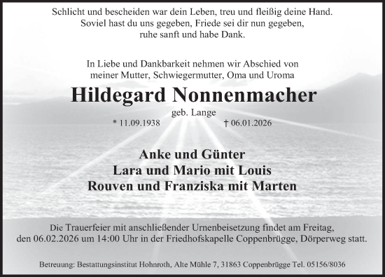 Traueranzeige von Hildegard Nonnenmacher von Deister- und Weserzeitung