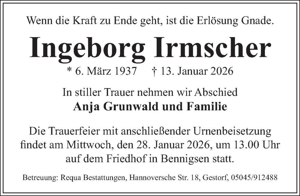  Traueranzeige für Ingeborg Irmscher vom 24.01.2026 aus Neue Deister-Zeitung