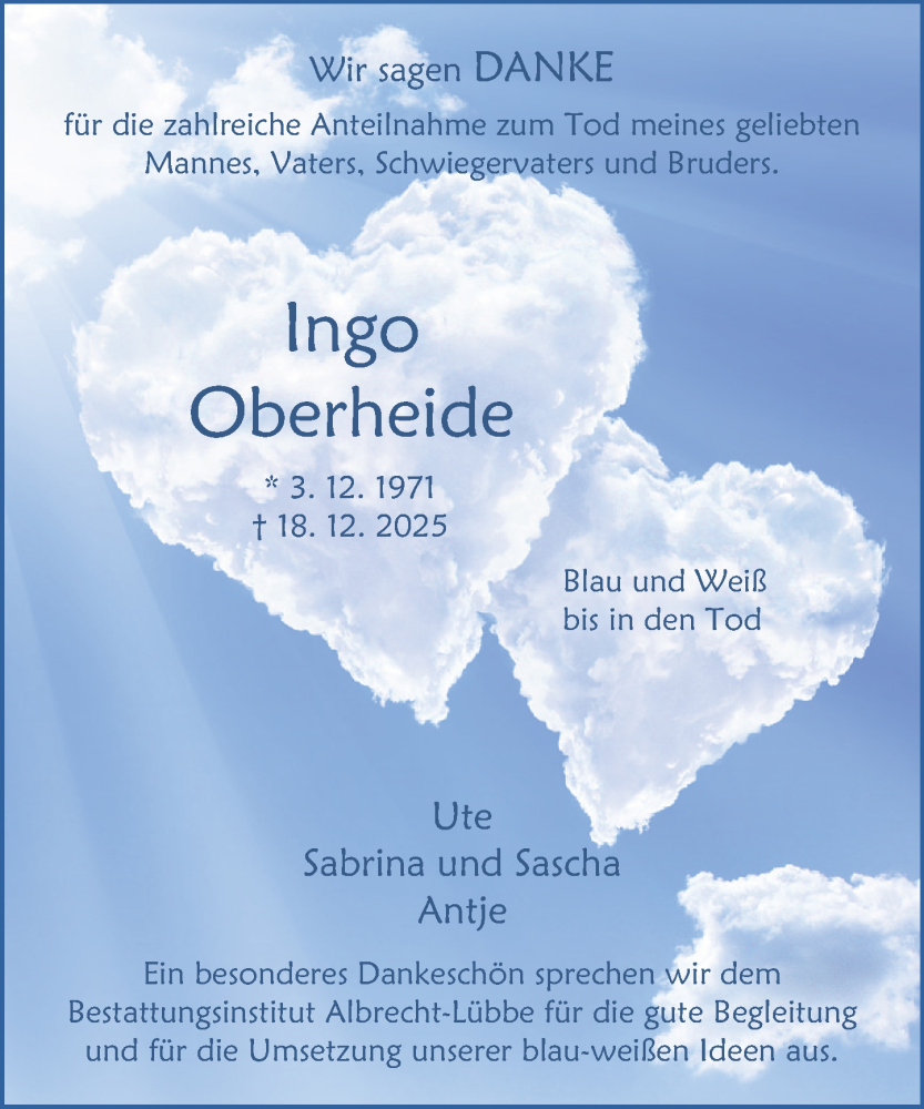  Traueranzeige für Ingo Oberheide vom 31.01.2026 aus Deister- und Weserzeitung