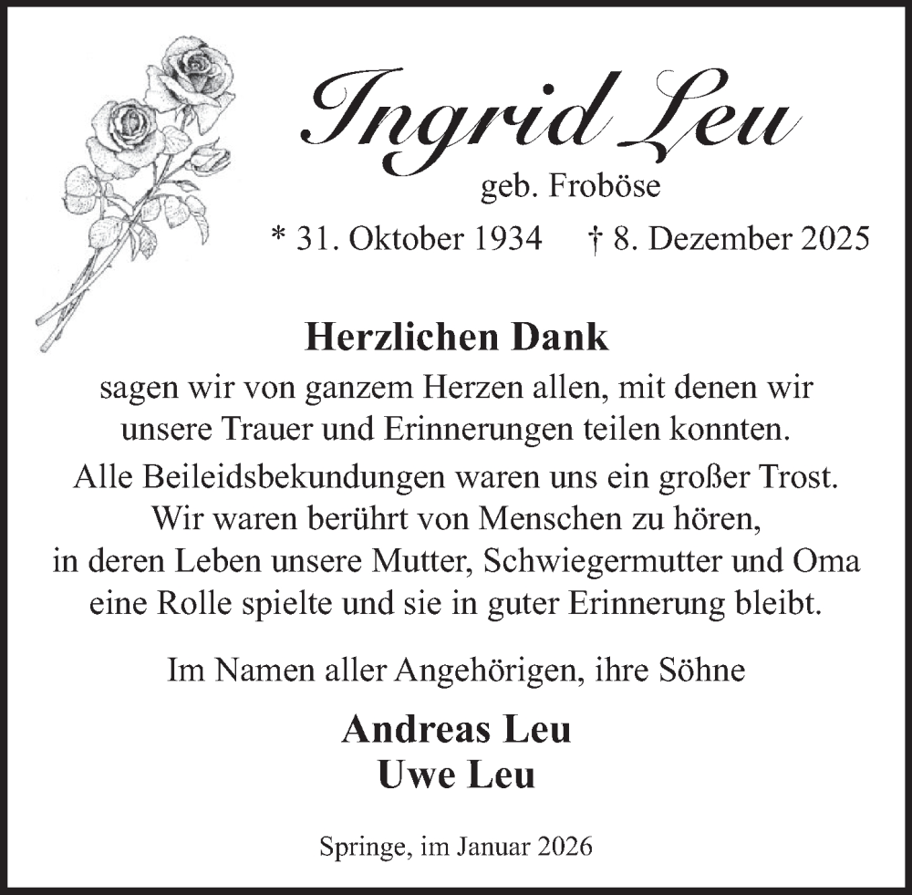  Traueranzeige für Ingrid Leu vom 17.01.2026 aus Neue Deister-Zeitung