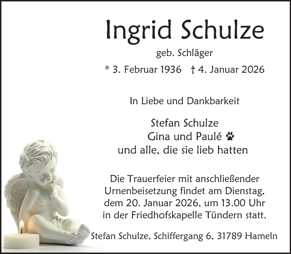  Traueranzeige für Ingrid Schulze vom 17.01.2026 aus Deister- und Weserzeitung