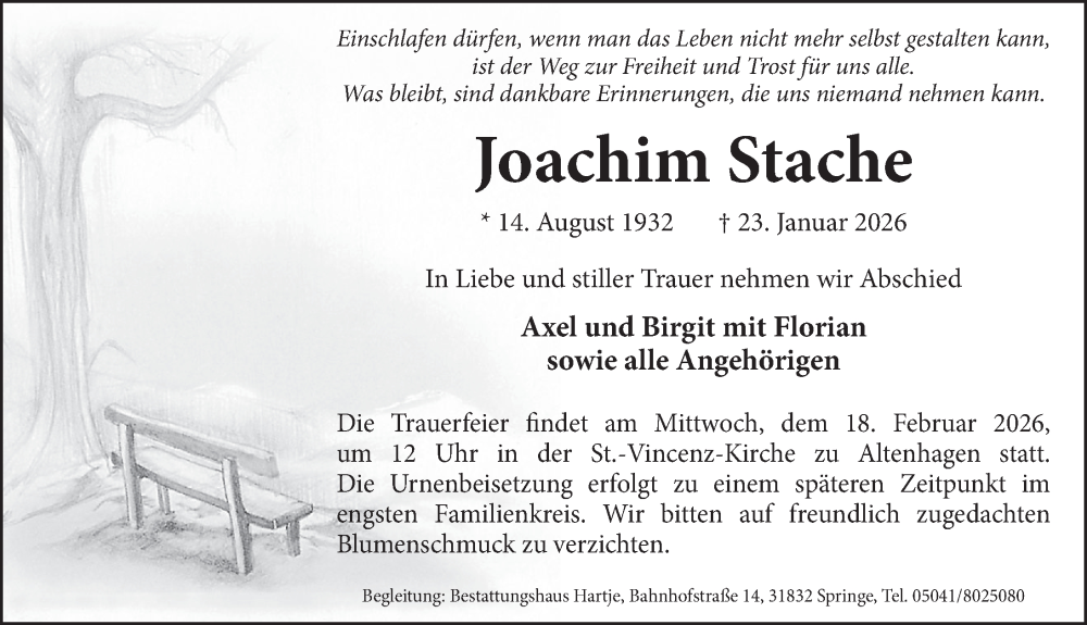  Traueranzeige für Joachim Stache vom 31.01.2026 aus Neue Deister-Zeitung