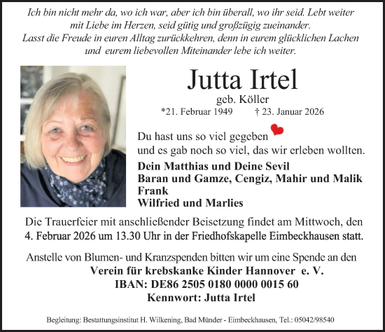 Traueranzeige von Jutta Irtel von Deister- und Weserzeitung