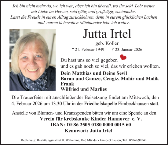 Traueranzeige von Jutta Irtel von Neue Deister-Zeitung