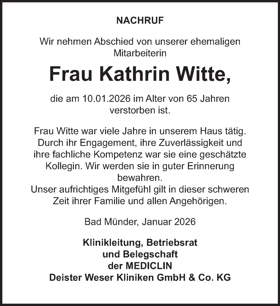  Traueranzeige für Kathrin Witte vom 02.02.2026 aus Deister- und Weserzeitung