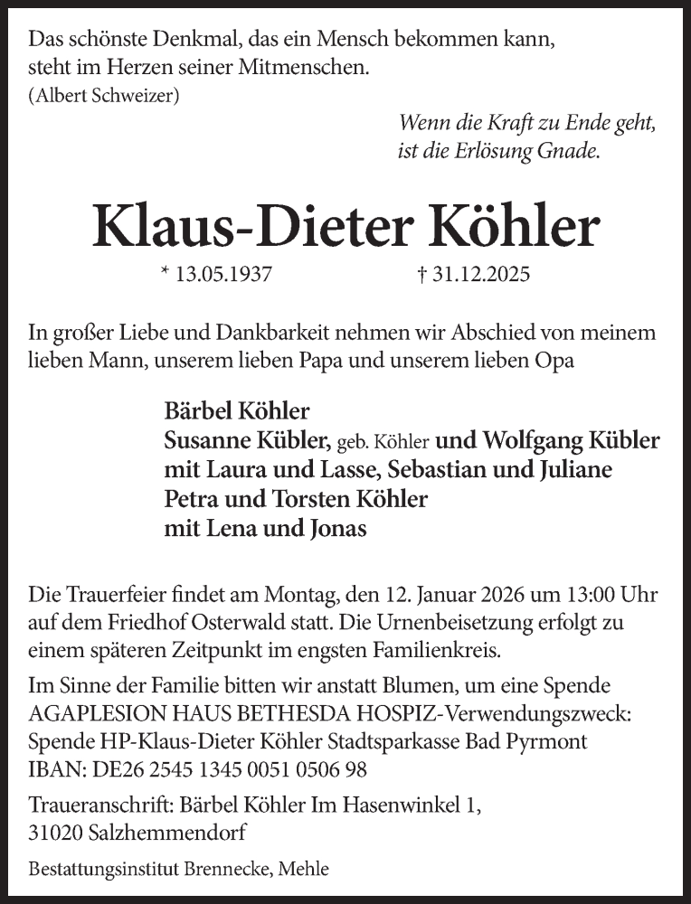  Traueranzeige für Klaus-Dieter Köhler vom 08.01.2026 aus Deister- und Weserzeitung