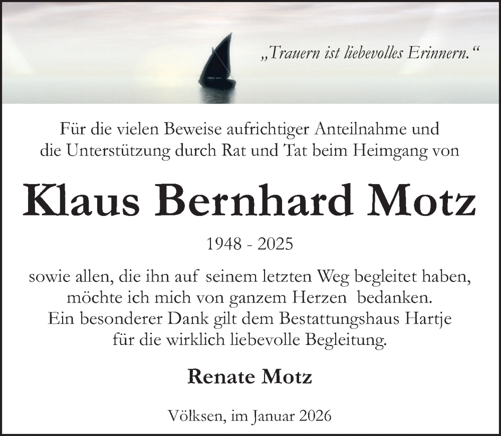  Traueranzeige für Klaus Bernhard Motz vom 31.01.2026 aus Neue Deister-Zeitung