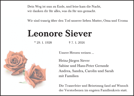 Traueranzeige von Leonore Siever von Deister- und Weserzeitung