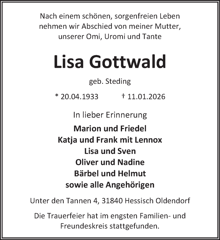  Traueranzeige für Lisa Gottwald vom 31.01.2026 aus Deister- und Weserzeitung