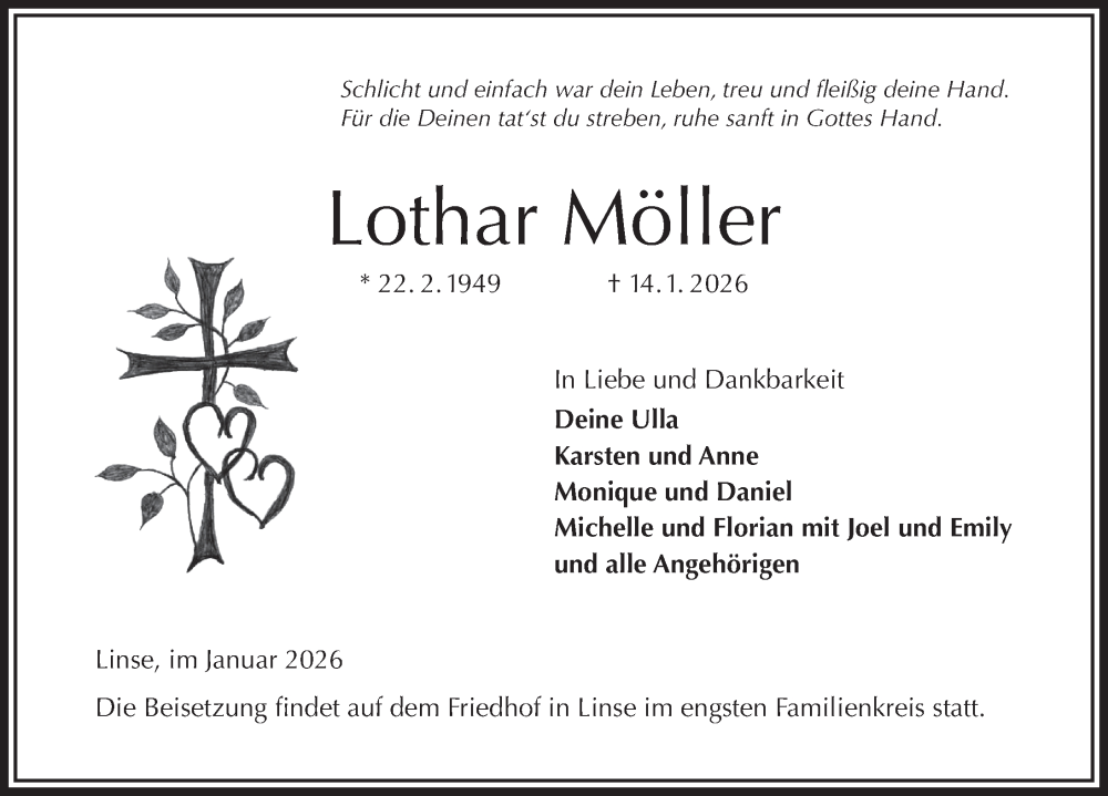  Traueranzeige für Lothar Möller vom 24.01.2026 aus Deister- und Weserzeitung