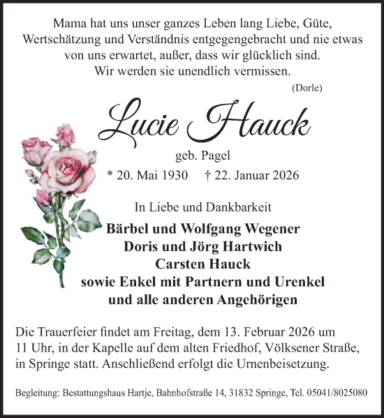 Traueranzeige von Lucie Hauck von Neue Deister-Zeitung