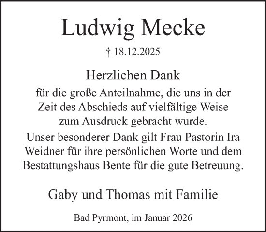 Traueranzeige von Ludwig Mecke von Deister- und Weserzeitung