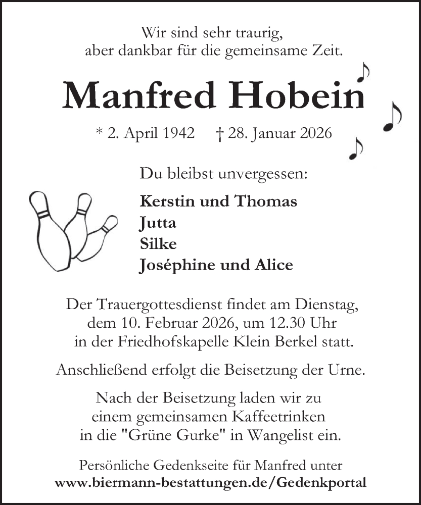  Traueranzeige für Manfred Hobein vom 31.01.2026 aus Deister- und Weserzeitung