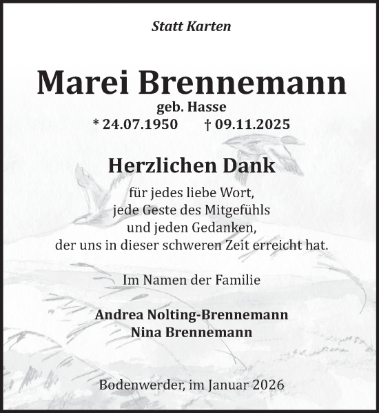 Traueranzeige von Marei Brennemann von Deister- und Weserzeitung