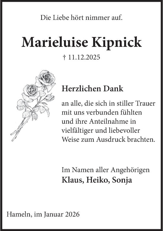 Traueranzeige von Marieluise Kipnick von Deister- und Weserzeitung