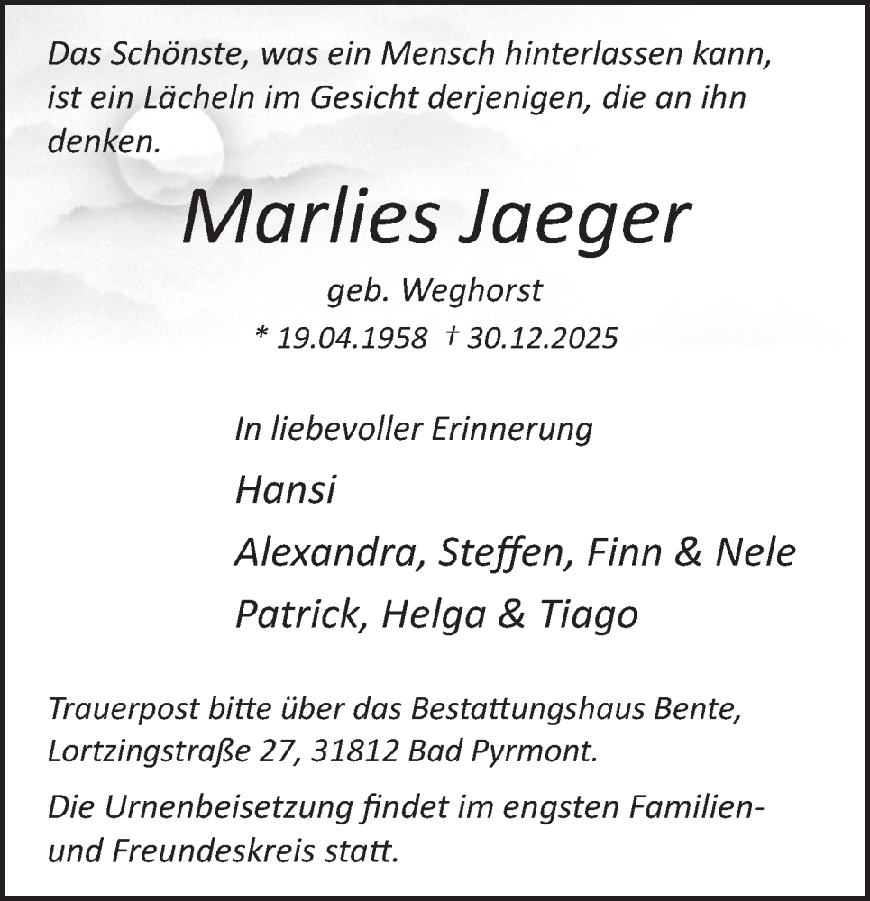  Traueranzeige für Marlies Jaeger vom 07.01.2026 aus Deister- und Weserzeitung