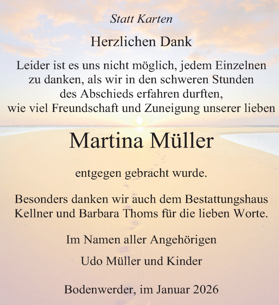  Traueranzeige für Martina Müller vom 17.01.2026 aus Deister- und Weserzeitung