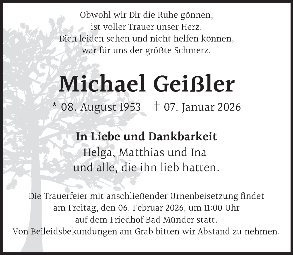  Traueranzeige für Michael Geißler vom 31.01.2026 aus Neue Deister-Zeitung