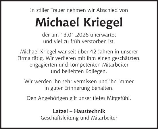 Traueranzeige von Michael Kriegel von Deister- und Weserzeitung