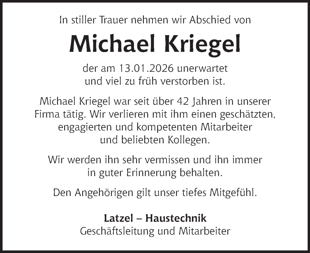  Traueranzeige für Michael Kriegel vom 24.01.2026 aus Deister- und Weserzeitung