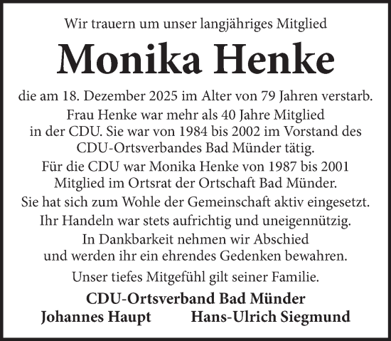 Traueranzeige von Monika Henke von Neue Deister-Zeitung