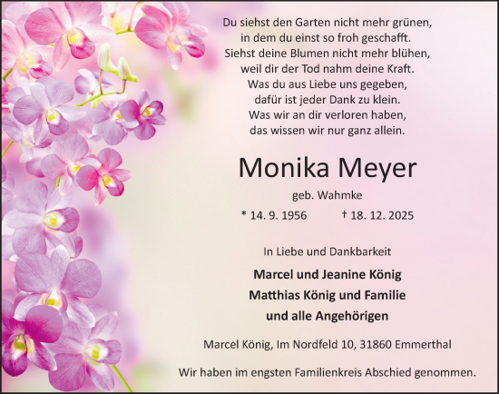 Traueranzeige von Monika Meyer von Neue Deister-Zeitung