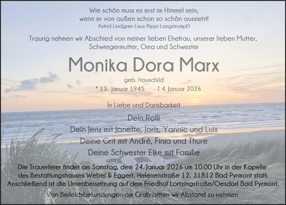  Traueranzeige für Monika Dora Marx vom 17.01.2026 aus Deister- und Weserzeitung