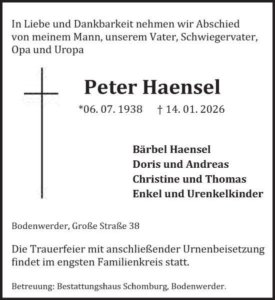 Traueranzeige von Peter Haensel von Deister- und Weserzeitung