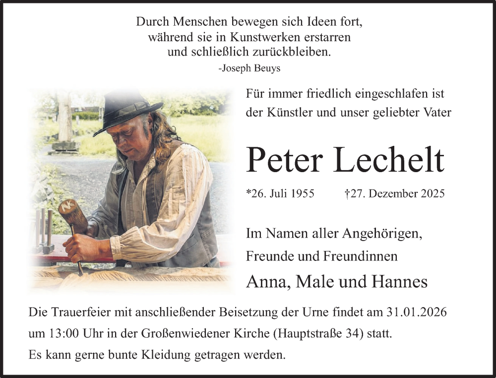  Traueranzeige für Peter Lechelt vom 10.01.2026 aus Deister- und Weserzeitung