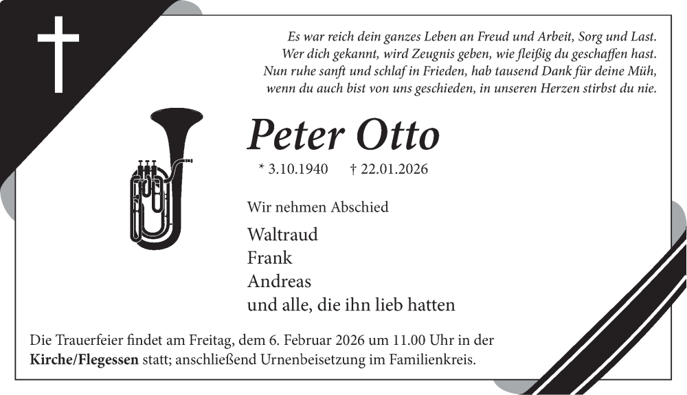  Traueranzeige für Peter Otto vom 30.01.2026 aus Neue Deister-Zeitung