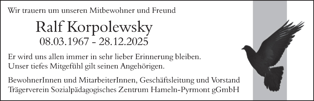  Traueranzeige für Ralf Korpolewsky vom 10.01.2026 aus Deister- und Weserzeitung