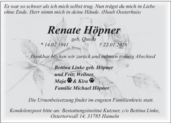 Traueranzeige von Renate Höpner von Deister- und Weserzeitung