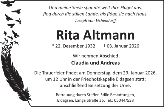 Traueranzeige von Rita Altmann von Neue Deister-Zeitung