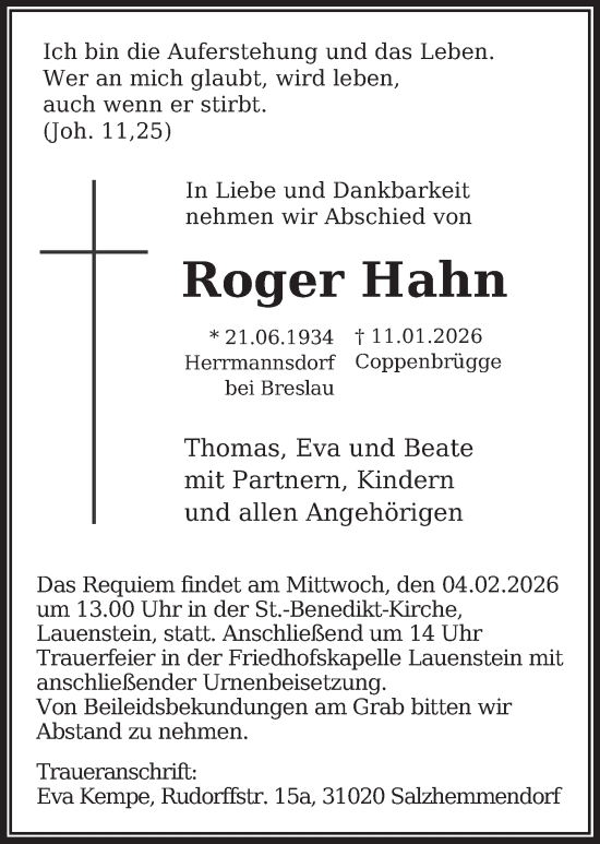 Traueranzeige von Roger Hahn von Deister- und Weserzeitung