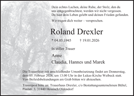 Traueranzeige von Roland Drexler von Deister- und Weserzeitung