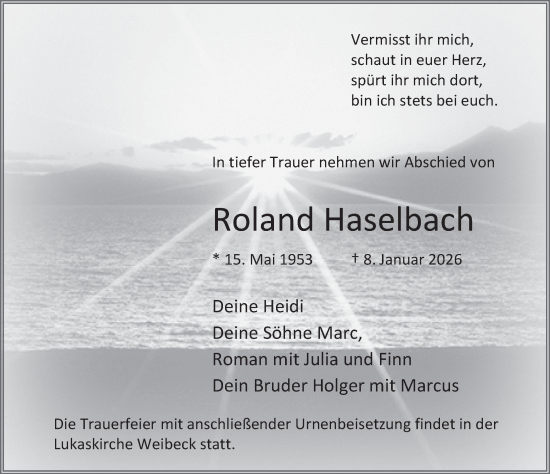 Traueranzeige von Roland Haselbach von Deister- und Weserzeitung